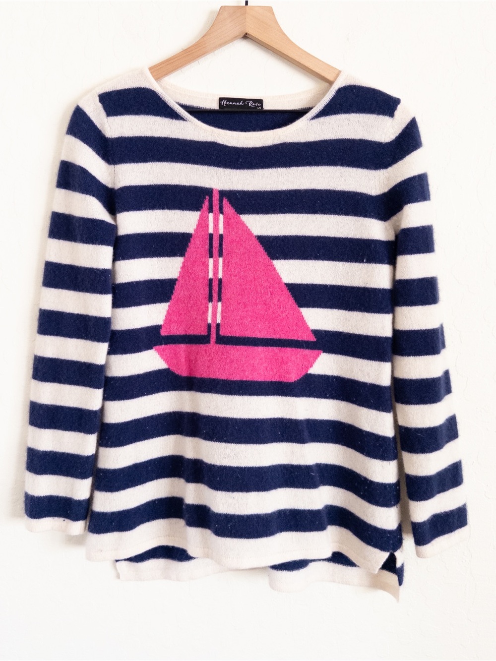 Hannah Rose 100% Cashmere Sailboat Crewneck Sweater Large Pink Navy Stripes